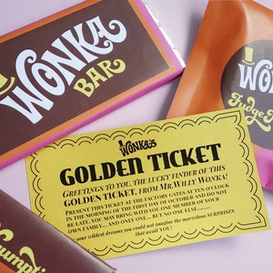 Golden Ticket invitation, Wonka Bar, FudgeMallow & Scrumdiddlyumptious candy wrappers Willy Wonka party DiY printable kit Retro ORANGE/PiNK image 3