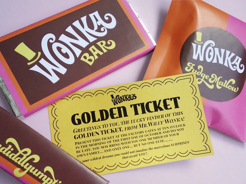 Golden Ticket invitation, Wonka Bar, FudgeMallow & Scrumdiddlyumptious candy wrappers Willy Wonka party DiY printable kit Retro ORANGE/PiNK image 3