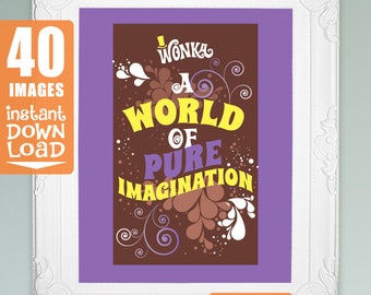 Willy Wonka quotes 40 images for 8x10, 5x7, 4x6 picture frames Willy Wonka birthday party decorations DiY printable digital PURPLE full set