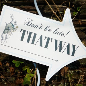 Alice im Wunderland Zeichen This Way That Way Pfeile druckbare Zeichen DiY Geburtstag Party Hochzeitsschilder personalisiert editierbare PDF Dateien
