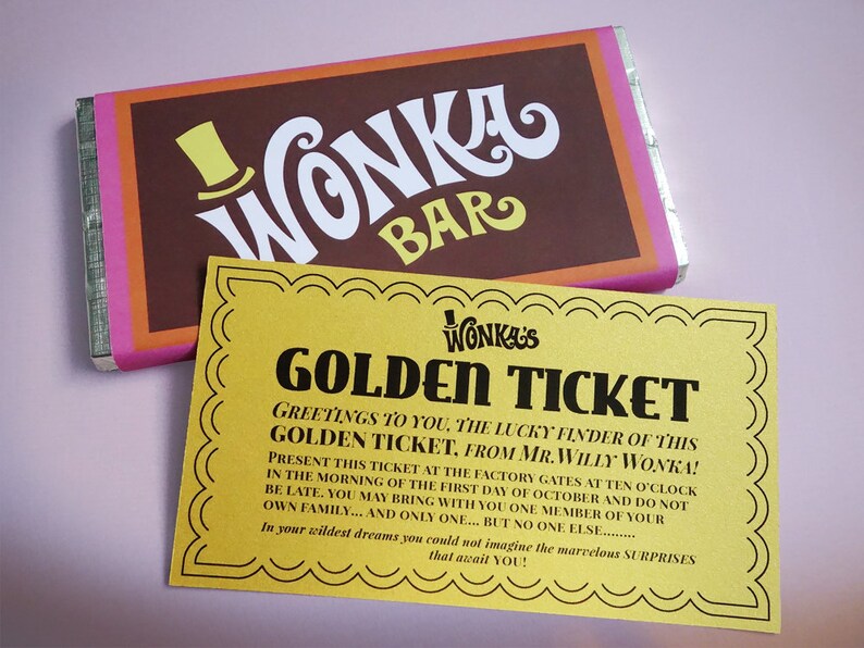 Golden Ticket invitation, Wonka Bar, FudgeMallow & Scrumdiddlyumptious candy wrappers Willy Wonka party DiY printable kit Retro ORANGE/PiNK image 4