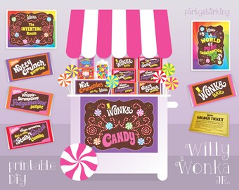 Willy Wonka JR. printable props, signs, Wonka Bar wrappers, Golden Tickets, Fizzy Lifting Drink, Nut Crunchies case labels PDF kit