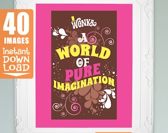 Willy Wonka quotes 40 images for 8x10, 5x7, 4x6 picture frames Wonka birthday party decorations DiY printable digital files PiNK full set