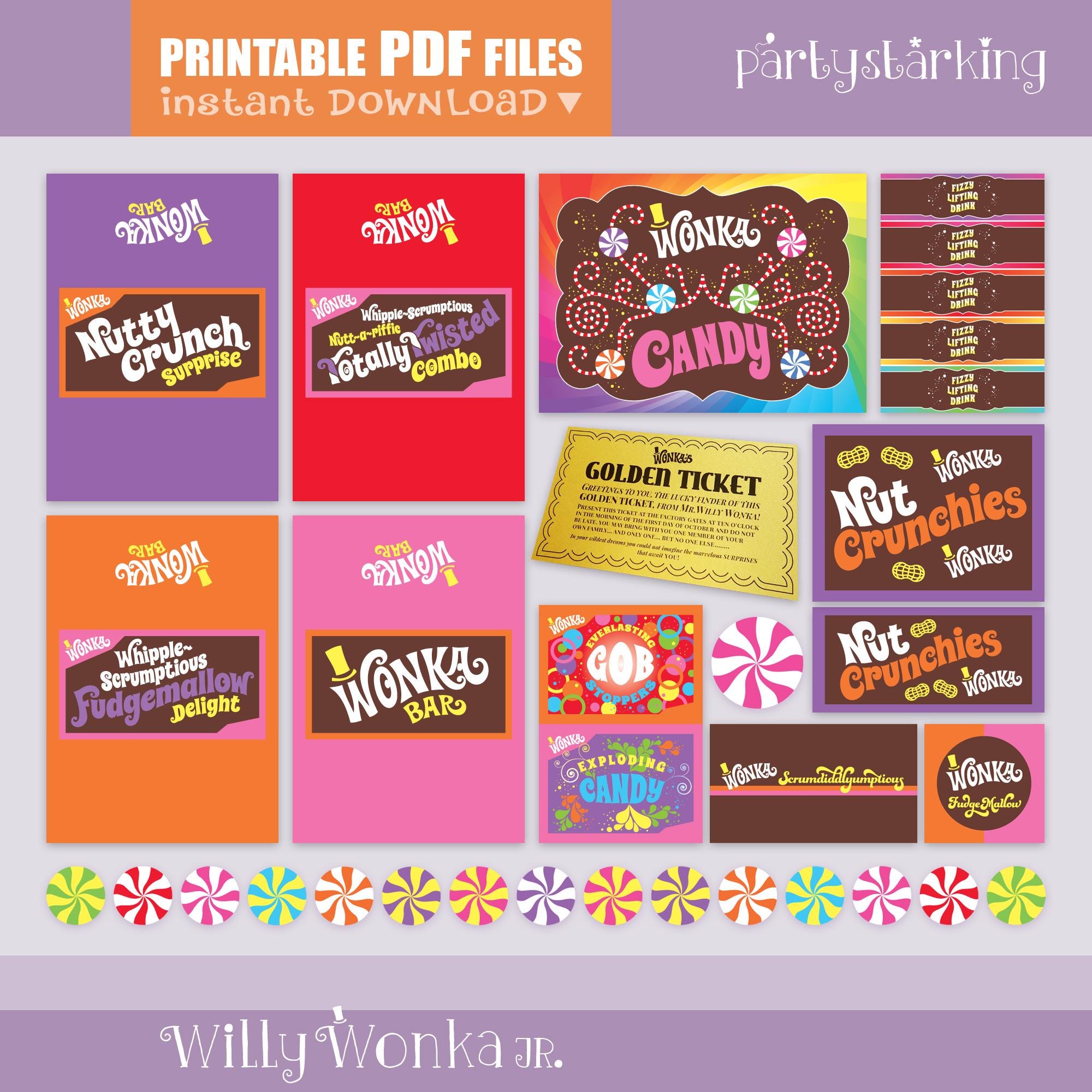 Wrappers Sign Willy Wonka JR. Printable Props, Signs, Wonka Bar Wrappers, Golden ...