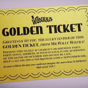 Golden Ticket invitations printable Willy Wonka movie style Golden Tickets Willy Wonka and the Chocolate Factory party DiY editable Retro image 2