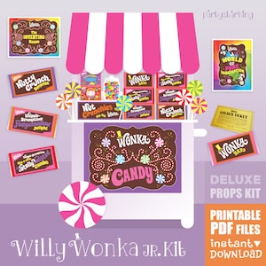 Willy Wonka Jr. afdrukbare rekwisieten, borden, wrappers van wonkarepen, gouden kaartjes, koolzuurhoudende drank, doosetiketten Nut Crunchies luxe pdf-kit