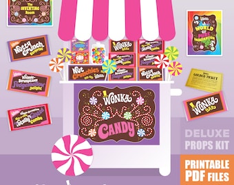 Willy Wonka JR. printable props, signs, Wonka Bar wrappers, Golden Tickets, Fizzy Lifting Drink, Nut Crunchies case labels PDF deluxe kit