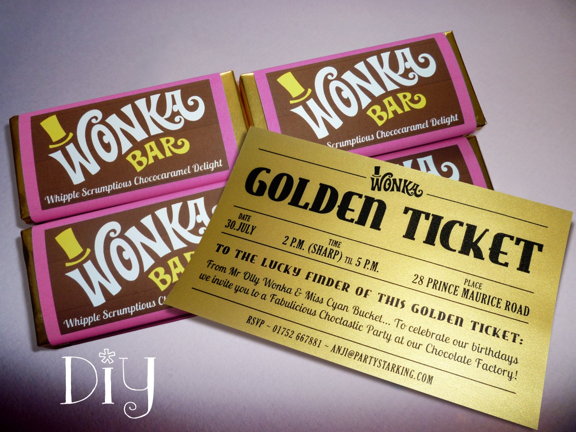 Wonka Bar & Golden Ticket Invitations Willy Wonka Birthday Party Wonka  Candy Bar Wrapper Willy Wonka Invitation Printable Personalized Pink 