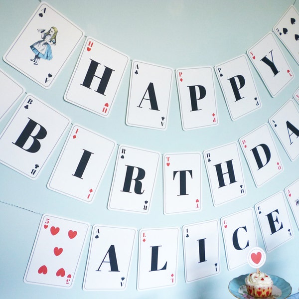 Bannière Alice au pays des merveilles carte à jouer bannière imprimable DiY fête d'anniversaire personnalisée fichiers numériques PDF modifiables