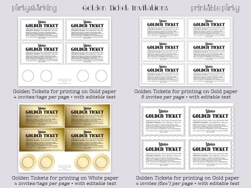 Golden Ticket Invitations Printable Willy Wonka Movie Style - Etsy UK