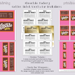 Golden Ticket invitation, Wonka Bar, FudgeMallow & Scrumdiddlyumptious candy wrappers Willy Wonka party DiY printable kit Retro ORANGE/PiNK image 8