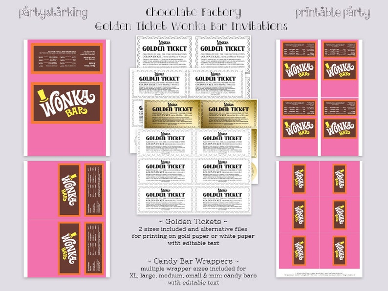 Golden Ticket invitation, Wonka Bar, FudgeMallow & Scrumdiddlyumptious candy wrappers Willy Wonka party DiY printable kit Retro ORANGE/PiNK image 8