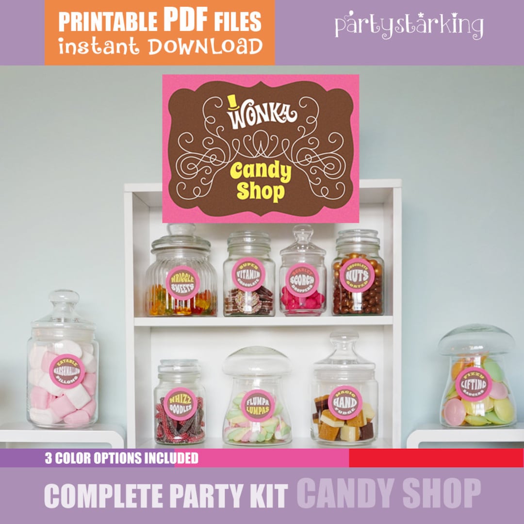 Candy Shop Signs, Candy Buffet Jar Labels, Willy Wonka Birthday Party Complete Printable Party