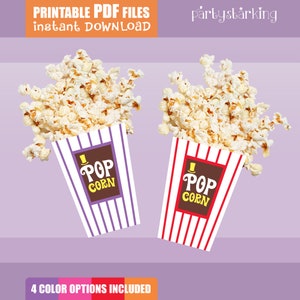 Puede incluir: Archivos PDF imprimibles para cajas de palomitas de maíz. Se muestran dos cajas, una con rayas moradas y blancas y la otra con rayas rojas y blancas. Ambas cajas tienen una etiqueta marrón con el texto "Pop Corn" y una imagen de dibujos animados de un sombrero de copa.