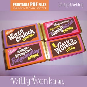 Envoltorios de barra Wonka de Willy Wonka Jr., sorpresa Nutty Crunch, delicia de fudgemallow Whipple-Scrumptious, combo Totally Twisted (PDF imprimible)