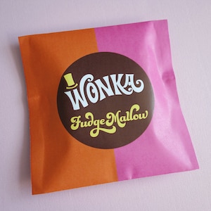 Wonka Scrumdiddlyumptious & FudgeMallow labels Wonka Bar candy wrappers Willy Wonka party favors DiY printable files Retro ORANGE/PiNK image 2