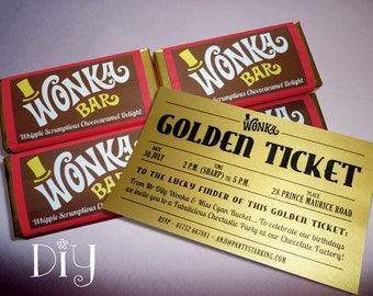 Willy Wonka invitations Wonka Bar & Golden Ticket invitation Willy Wonka birthday party Wonka candy bar wrapper digital PDF editable ReD