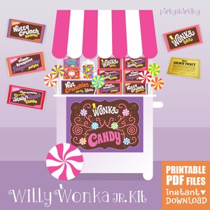 Willy Wonka JR. rekwizyty do druku, znak Candy Cart, opakowania batoników Wonka, Złote bilety, napój Fizzy Lifting, etykiety na opakowania Nut Crunchies Zestaw PDF
