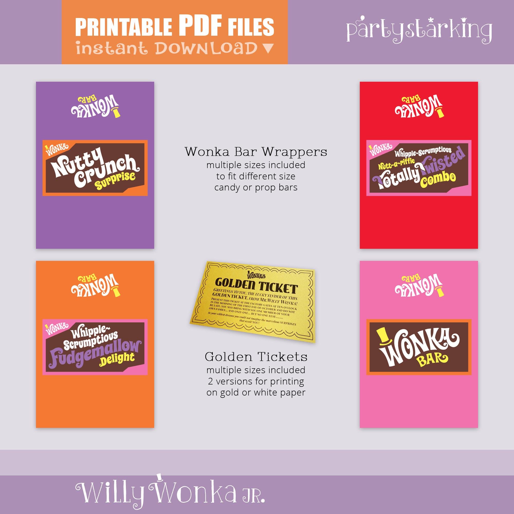 Wrappers Sign Willy Wonka JR. Printable Props, Signs, Wonka Bar Wrappers, Golden ...