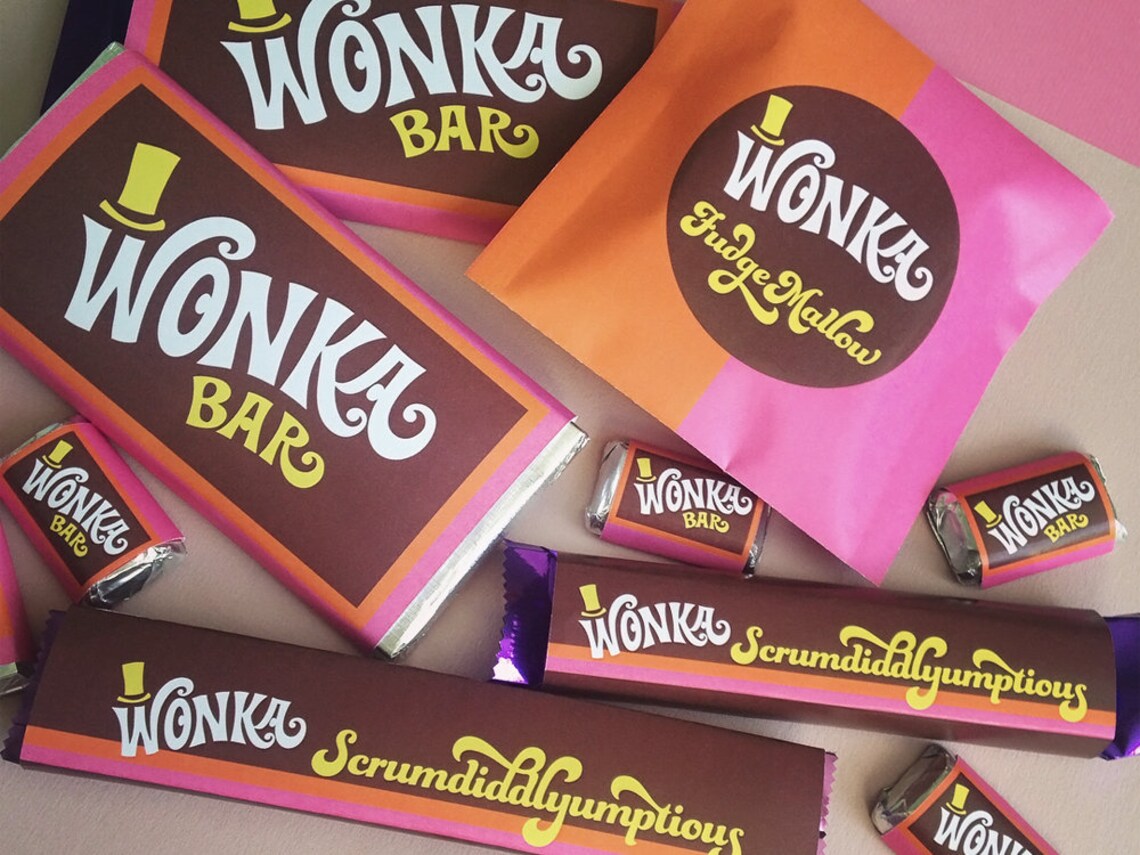 Wonka Bar FudgeMallow & Scrumdiddlyumptious labels Wonka Bar Etsy