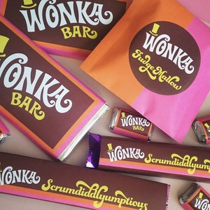 Golden Ticket invitation, Wonka Bar, FudgeMallow & Scrumdiddlyumptious candy wrappers Willy Wonka party DiY printable kit Retro ORANGE/PiNK image 7
