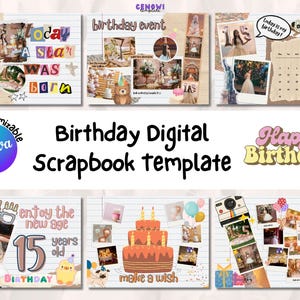Paquete de plantillas de álbum de recortes digital de cumpleaños / collage de fotos / Plantillas gratuitas de Canva / Papel de Wetransfer / Vintage y moderno