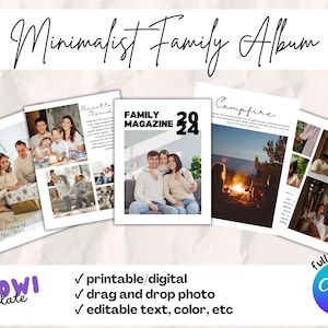May include: A collection of printable family album templates with a minimalist design. The album pages feature family photos and text, with the words "Family Magazine 22" and "Campfire" visible. The design includes the text "Minimalist Family Album".