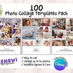 Puede incluir: Un conjunto de 100 plantillas de collage de fotos para Canva. Las plantillas son fáciles de usar y te permiten hacer un collage de hasta 51 fotos. También puedes editar el pie de foto y la fuente. Las plantillas son totalmente personalizables.