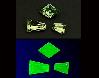 RARE 3 fully faceted green uranium glass gems keystone & kite shapes - Glows in black light UV cabochon peridot Vaseline glass foiled backs