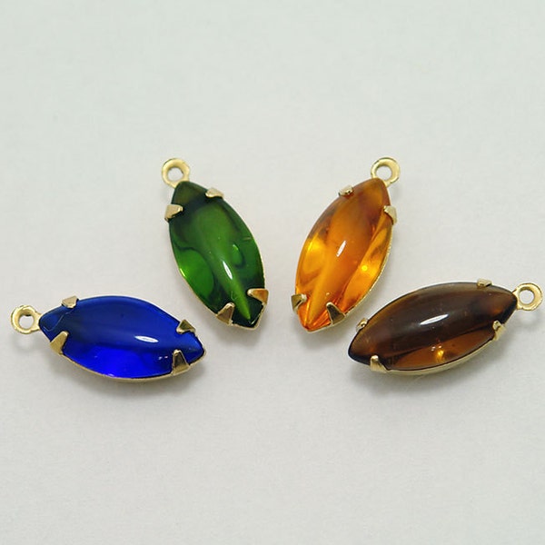 4pc Votre choix de couleur - bleu cobalt, vert olive, navettes topaze fumée serti de broches en laiton avec un anneau Boucles d'oreilles bricolage pendantes