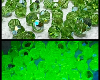1 gross or 12 pieces 7mm faceted green uranium glass beads vintage peridot AB Vaseline glass UV light reactive glows bulk 144 or 12 pc