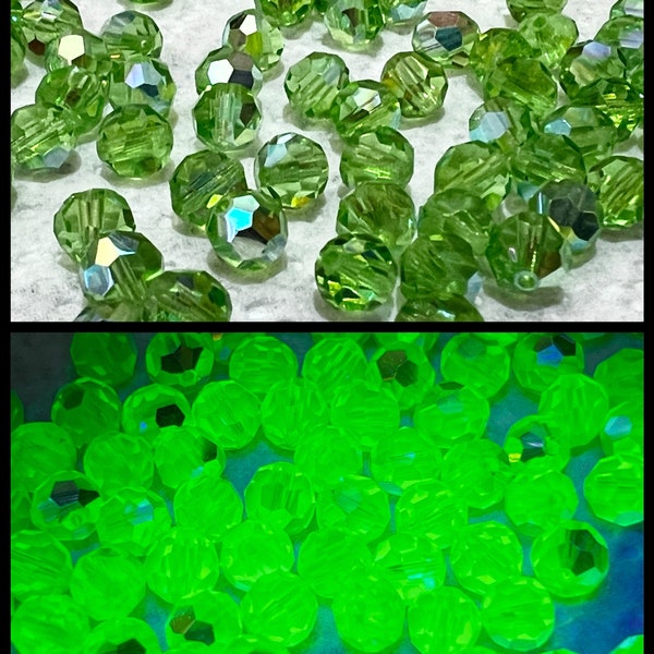 1 gross or 12 pieces 7mm faceted green uranium glass beads vintage peridot AB Vaseline glass UV light reactive glows bulk 144 or 12 pc