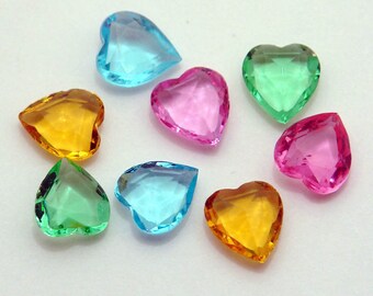 10x9 Hearts - Vintage glass faceted jewels - gorgeous unfoiled rhinestones - 8 pieces assorted colors