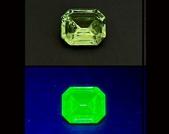 May include: A green gemstone with a square shape, viewed under normal light and then under a black light. The gemstone glows brightly under the black light.