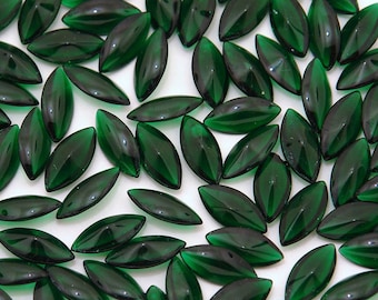 15x7 Vintage glass navettes - dark emerald green- 12 pc