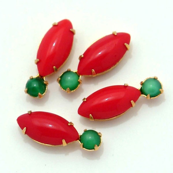 Laiton, serti navette rouge cerise et cabochon pierre de lune verte - 20x7mm - 4pc