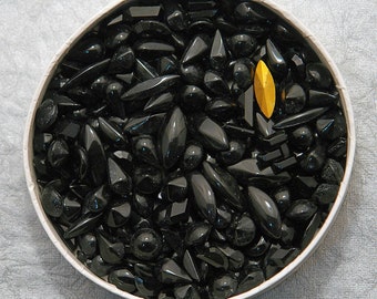 Over 100 Vintage Opaque Glass Rhinestone Lot - Assorted shapes and sizes in Jet Black