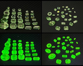 28 Stück - achteckige und ovale Peridot Grün vintage Uranglas Gemmen 18x13 12x10 10x8 10x5 8x6 8x6 und mehr Vaseline Glas UV reaktiv