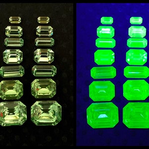 14pc - 7 sizes RARE vintage uranium glass gem rhinestone octagons glows in black light Peridot green 12x10 10x8 10x5 8x6 8x6 Vaseline glass