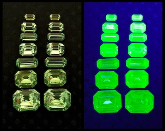 14pc - 7 sizes RARE vintage uranium glass gem rhinestone octagons glows in black light Peridot green 12x10 10x8 10x5 8x6 8x6 Vaseline glass