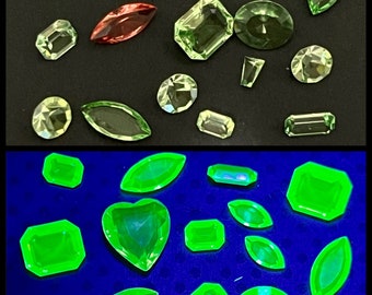 uranium glass gems 21 pieces green & RARE pink. octagon navette oval, keystone and round fluorescent Vaseline glass gems