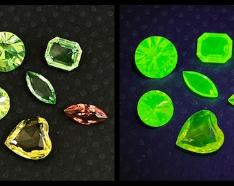 SELTEN 6 große Uran Glas Edelsteine Lot 12x10 15 mm 14 mm 12 mm 15x7 Herz rund Marquis Smaragd Schwarzlicht UV Peridot Grün Rosa Vaseline Glas