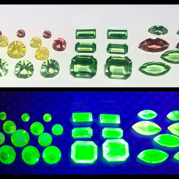 28 pieces GORGEOUS vintage uranium glass gems green RARE pink yellow. octagon navette and round fluorescent Vaseline glass gems