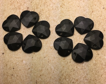 12mm Vintage Glass Hearts Sew-on with 2 holes - faceted faux onyx - made in 1950's Austria new old stock diy jewelry clothing jet black 10pc