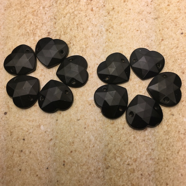 12mm Vintage Glass Hearts Sew-on with 2 holes - faceted faux onyx - made in 1950's Austria new old stock diy jewelry clothing jet black 10pc
