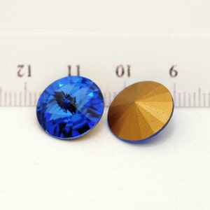 14mm Swarovski Rivoli in Sapphire Blue Gold Foiled Vintage Swarovski round rhinestones with pointed backs Large size 2 pc image 2