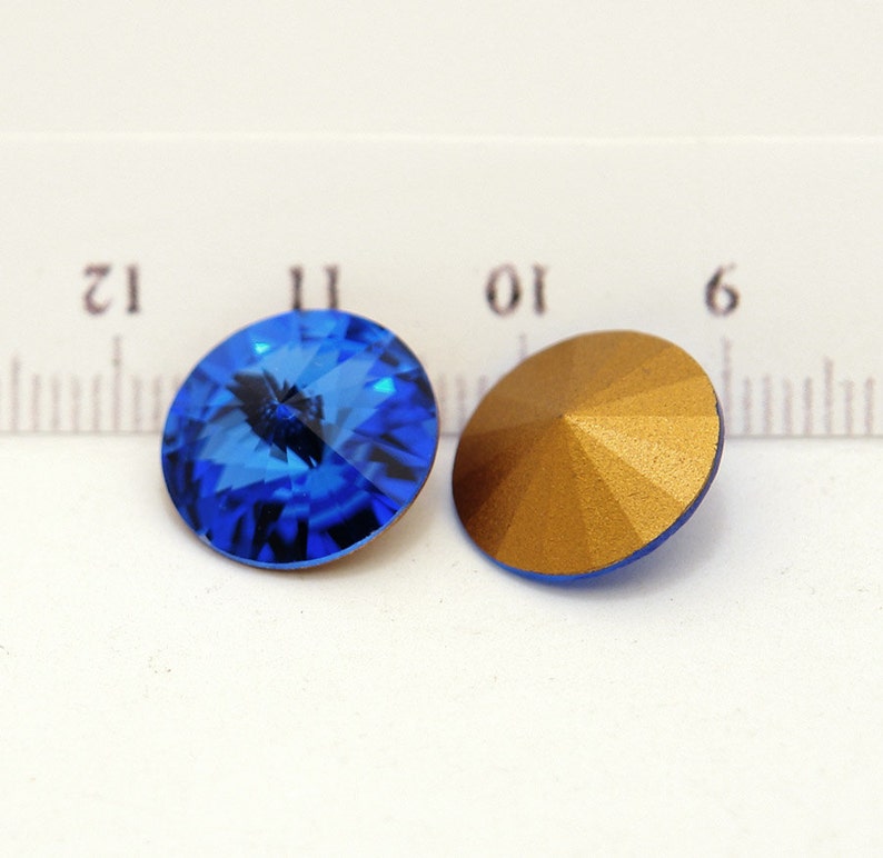 14mm Swarovski Rivoli in Sapphire Blue Gold Foiled Vintage Swarovski round rhinestones with pointed backs Large size 2 pc image 2