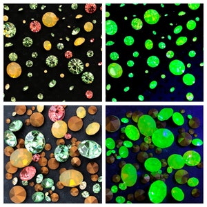 66pc 33 pairs vintage Uranium Glass round gems Green Yellow Pink 24 sizes huge assortment Vaseline glass uv light glow chatons 8mm-1.4mm