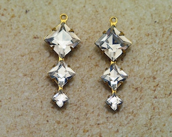 2 pc 29x11mm dangles - Vintage Swarovski Clear Crystal Square rhinestones prong set in brass with 1 ring - diy earrings - 8mm 6mm 4mm