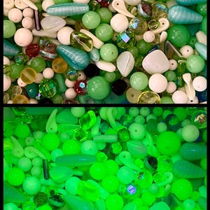 Huge UV bead lot 1/2 pound over 750 uranium glass beads from tiny to large green teal yellow blue white pink UV light glow mix lot Vaseline